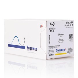 Sutumed Plain Gut Absorbable Surgical Suture USP Size 4-0, 3/8 19mm Reverse Cutting Needle, 28 Inches (70 cm), 12 Count