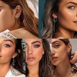 Sanfenly 6Pairs Stainless Steel Threader Chain Tassel Dangle Earrings for Women Wave Ball Twist Shape Minimalist Long Chain Earrings Set