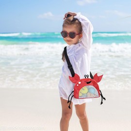 YSGSMOM Kids Mesh Beach Bag, Cute Crab-Shaped Seashell Collecting Bag with Adjustable Strap, Sand Toy Bag for Holding Sea Shell Beach Toy,Red