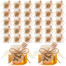 Funnymoom 30 Pack Mini Honey Jars with Wooden Dipper and Muslin Cloth Covers Plastic Honey Jars with Gold Lids Small Hang Tags Decorative Jute Rope for Christmas Wedding Birthday Party(Classic)