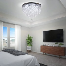 YPQXYHDA Modern Crystal Chandeliers LED 5 Tier Crystal Ceiling Light Fixture Flush Mount Ceiling Chandeliers for Dining Room Bedroom,6500 K,Dia19.7 xH13.7