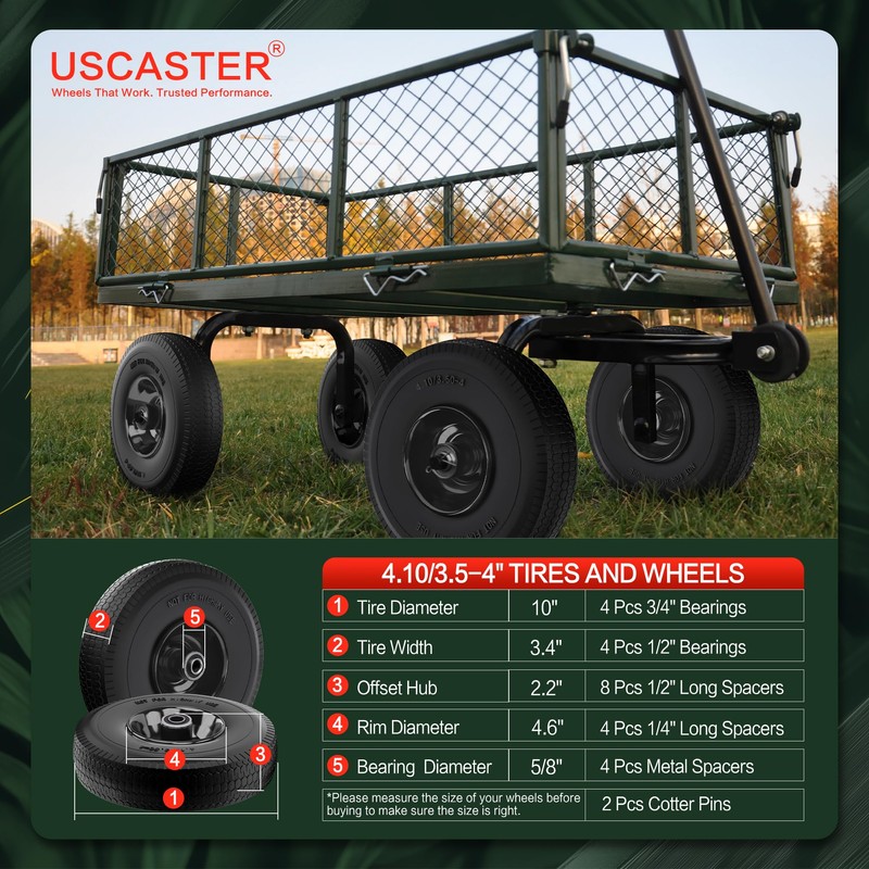 USCaster 4.10/3.50-4 Tire and Wheel Flat Free,10-Inch Solid Wheel Replacement