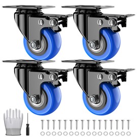 2 Inch Swivel Casters Set of 4, Locking Caster Wheels Heavy Duty, Polyurethane (PU) Plate Caster with Brake, Castor Wheels, Industrial Caster for Furniture, Workbench, Carts