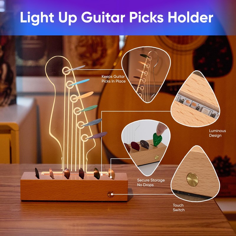 Light Up Guitar Pick Holder: Rechargeable Picks Display Case with