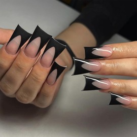 ANDGING Duckbill French Tip Press on Nails Black Short Medium Square Fake Nails with Design Glue on Nails Acrylic False Nails with Glue Manicure Gel Stick on Nail for Wedding Birthday 24Pcs KLD857Q