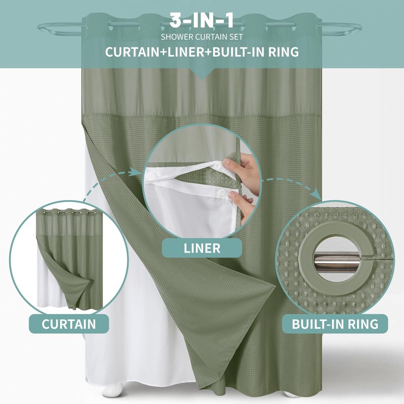 eachope SageGreen No Hook Waffle Weave Shower Curtain with snap-in