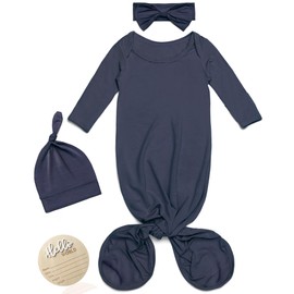 Soft Knotted Gown 0-3 Months, Baby Sleepers Easy Diaper Change & Fold-Over Mittens | Modal Blend Baby Gowns With Hat, Hello World Sign & Headband Newborn Announcement Outfit Dark Blue