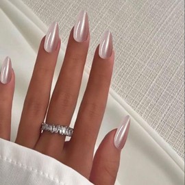 IQXGE Medium Almond Press on Nails Full Cover False Fake Nails Press ons Cat Eye Stick on Nail Glitter Light Pale Pink Acrylic Fake Nail Shiny Artificial 24Pcs Reusable for Women