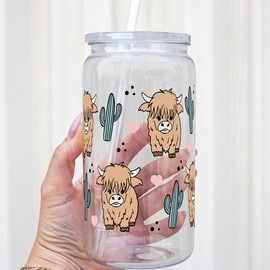 Sip-Sip Hooray! 40oz OR 32oz  Highland Cow & Cactus Glass Tumbler – Cute Cup with Handle, Lid & Straw, Highland Cow Lover Gift, Reusable Aesthetic Drinkware:_16oz Acrylic Plastic Cup with Clear Lid