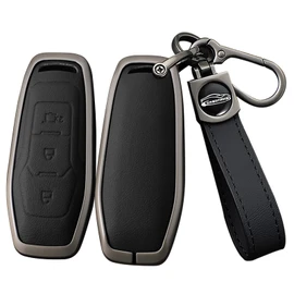 ontto Car Key Fob Cover Fit for Ford Focus 3 4 ST Mondeo 5 MK5 Mustang F-150 Explorer Edge Fiesta Kuga MK3 4 Smart Key holder Alloy Leather Shell case keyring keychain protector accessories Black A