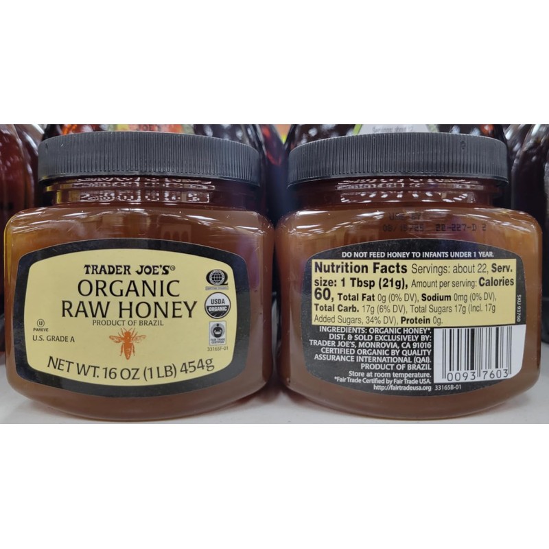 Trader Joe Organic Raw Grade A Honey 16oz 454g (Two