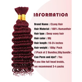 99J Burgundy Human Braiding Hair Deep Wave Bulk, No Weft Curly Braiding Hair Extensions for Boho Braids Wet and Wavy Braiding Human Hair Bundles(14inch,99j,100g)