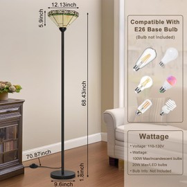 Seaside village Tiffany Floor Lamp, Torchiere Standing Lamp with Stained Glass Shade, Vintage Tall Pole Lamp with Foot Switch, Decorative Corner Light for Living Room Bedroom Home Office(E26 Base)