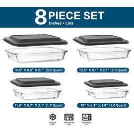 M MCIRCO 8-Piece Deep Glass Baking Dish Set with Plastic lids,Rectangular Glass Bakeware Set with Lids, Baking Pans for Lasagna, Leftovers, Cooking, Kitchen, Freezer-to-Oven and Dishwasher, Gray