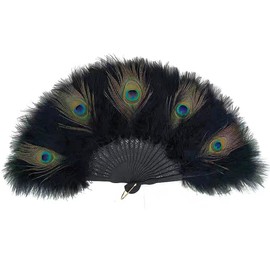 1920s Marabou Feather Fan Flapper Folding Hand Fans Peacock Feather Fan Handheld Wedding Party Dance Fan (Black-Peacock)