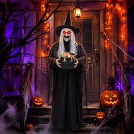 Sanwuta 6 ft Halloween Animated Witch with Light up Cauldron and Eyes, Creepy Hanging Decoration with Sound & Touch Activated, Scary Talking Witch Prop for Haunted House Indoor Outdoor Party Decor