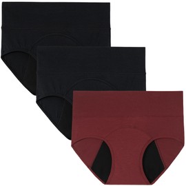 INNERSY Period Underwear for Womens High Waisted Period Panties Women’s Cotton Leak Proof Underwear 3 Pack(Large, Black/Burgundy)