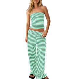 Panadila Womens Striped Two Piece Sets Summer Lounge Outfits Sailor Tube Top and Pants Matching Set Beach Vacation Travel Y2k (Green Combo,L)
