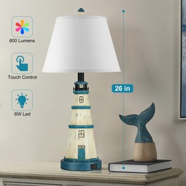 WIHTU Table Lamps Set of 2, Bedside Lamps with Dual USB Charging Ports, 3-Way Dimmable Modern White Blue Lighthouse Touch Control Nightstand Lamps for Living Bedroom, Bulbs Included