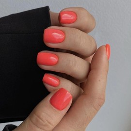 KQueenest Coral False Nails Short Square Glossy Solid Color Full Cover Press on Nails Short Coffin, Soft Gel Acrylic Nails Press ons for Women Office Daily Finger Decoration 24 Pcs