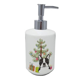 Caroline's Treasures BB1575SOAP Christmas Tree and Boston Terrier Ceramic Soap Dispenser Hand Soap Dispenser Pump Bottles for Bathroom Kitchen, Empty Refillable Liquid Soap Container