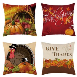 WFLOSUNVE Set of 4 Thanksgiving Turkey Fall Throw Pillow Cover, Soft Flannel Autumn Decorative Pillow Case Cushion Cover for Couch and Sofa 18x18 Inch