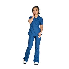 Reina 1901 Ruffle V-Neck Mock wrap top and Cargo Pants Set (M Petite, Navy Blue)