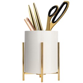 SIEBOLD Gold Pencil Cup Sturdy Metal Frame With White Ceramic Pen Holder For Desks and kitchen Appliance Holders