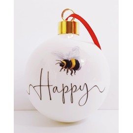 Bee Happy Bauble Fine Bone China 7 cm Gift Boxed Christmas Ornament Xmas Tree Hand Decorated in UK