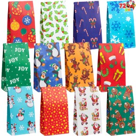 Joiedomi 72 PCS of Christmas Holiday Goody Bags; 12 Assorted Christmas Designs Goodie Bags for Classrooms, Party Favors, Small Gift Bags, Kraft Bags and Christmas Craft Bags