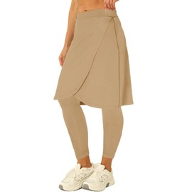 Fisoew Women's Knee Length Athletic Skirt with Leggings Wrap Gym Workout Golf Tennis Skorts with Pocket Khaki