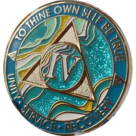 4 Year AA Medallion Elegant Marble Caribbean Aqua Glitter Blue Gold Plated Chip