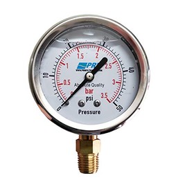 PRM 304 Stainless Steel Pressure Gauge with Brass Internals, 0-50 PSI, 2-1/2 Inch Dial, 1/4 Inch NPT Bottom Mount, Liquid Filled for Vibration Dampening