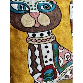 Handmade Laurel Burch Inspired  Abstract Cat Embroidered Throw Pillow Cover 18x18