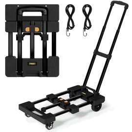 TROOZY Folding Hand Truck 500 LB, Portable Heavy Duty Dolly Cart with 4 Wheels (2 with Brake) & Extendable 26" Plate, Collapsible Luggage Trolley with 2 Elastic Straps for Travel, Moving, Camping