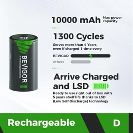 BEVIGOR Rechargeable D Batteries, High Capacity 10000mAh NiMH D Cell Batteries, Low Self Discharge D Batteries 4 Count