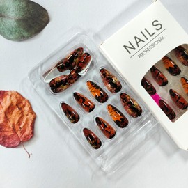 Maple Leaf Press on Nails Almond Fake Nails with Fallen Leaves Design Dark Brown Acrylic False Nails Full Cover Glue on Nails Reusable Stick on Nails for Women Autumn Nail Art 24Pcs