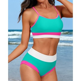 Charmo Women High Waisted Bikini Sets Sporty Color Block Two Piece Swimsuit Scoop Neck Bathing Suits Swimwear Green L
