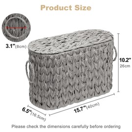 Toilet Paper Storage Basket with Lid, Narrow Bathroom Organizer for 6 Mega Rolls, Waterproof Wicker Look Plastic Basket with Handles, Toilet Tank Top Holder, Farmhouse Bathroom Storage Bin (Gray)