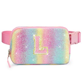 Cotmcor Kids Fanny Pack Glitter Waist Pack Initial Crossbody Bag Belt Bag for Girls Gifts Sparkly Cute Purse Rainbow L