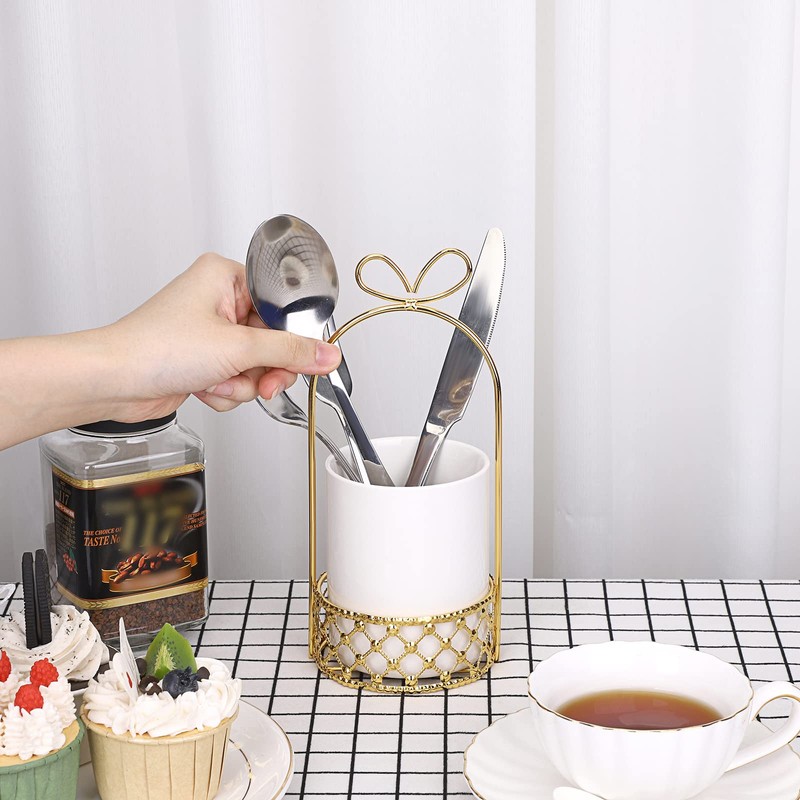 JUXYES Ceramic Silverware Holder For Tabletop, White Cutlery Holder With