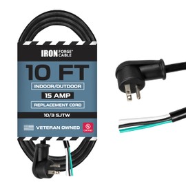 Iron Forge Cable 90 Degree Slim Plug Head Heavy Duty Replacement Power Supply Cord with Open End - 10ft Black 3 Prong Power Cord Replacement,10/3 SJTW, 15 AMP Flat Plug Universal AC Appliance Cable
