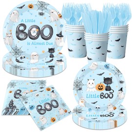 A Little Boo Is Almost Due Baby Shower Boy,144pcs Halloween Baby Shower Plates and Napkins Cups for Boo baby shower Decorations,Serves 24