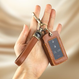 for Jeep Key Fob Cover with Keychain, Leather Car Key Case Full Protector Fit for 2021-2024 Jeep Grand Cherokee L Grand Wagoneer Smart Key, Brown