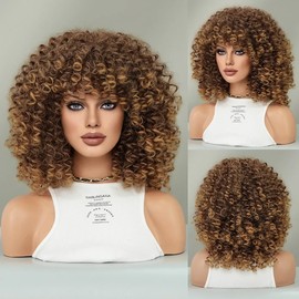 Colorfulpanda Wig Afro Kinky Curly Women's Short Wavy Wigs Curls for Women Synthetic Natural Hair Wig with Fringe Natural Curly Wig (Ombre Brown Blonde)