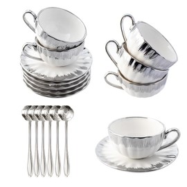CHANJOON 6 Teacups Tea Tray Spoon Set, 6oz with Galvanized Gold Rim and Gift Box, Ceramic White English Coffee Teacup (silver, medium)
