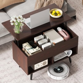 Tangkula Lift Top Coffee Table, Modern Cocktail Table with Hidden Compartment & 2 Open Shelves, Flip Top Center Table, Wooden Pull up Coffee Table for Living Room, Reception Room, Office (Brown)