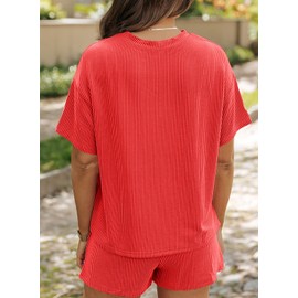 SHEWIN Two Piece Sets for Women Casual Ribbed Short Sleeve Shirts High Waisted Shorts Lounge Matching Set Summer Outfits for Women 2025, Orange, S