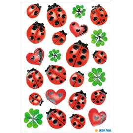 HERMA 3529 Aufkleber Marienkäfer Glück klein, 48 Stück, Ladybug Sticker mit Silberprägung, Kleeblatt Etiketten für Fotoalbum Hochzeit Tagebuch Poesiealbum Scrapbooking Liebe Dekoration Briefe Basteln