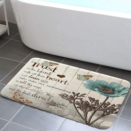 Rustic Elegant Teal Tulip Bath Rug, Modern Farmhouse Beige and Teal Floral Fabric Non Slip Bath Mats, Vintage Bath Rug Sets for Bathroom Bedroom Kitchen Outdoor Indoor,17x29 Inch